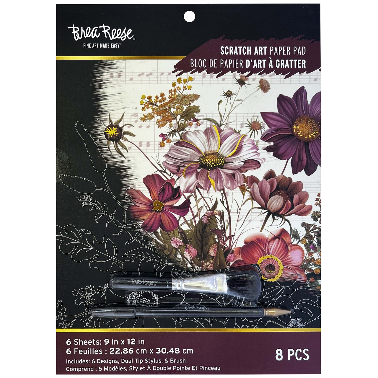 Brea Reese: Scratch Art Paper Pad - Woodland Songs - 6 Designs, Guided Art, Metallic Accents, Stylus & Brush, Perforated 9x12" Pages, DIY Adult Craft